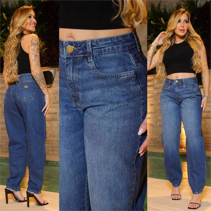 CALÇA BARREL COM PEDRARIA (SEM ELASTANO)